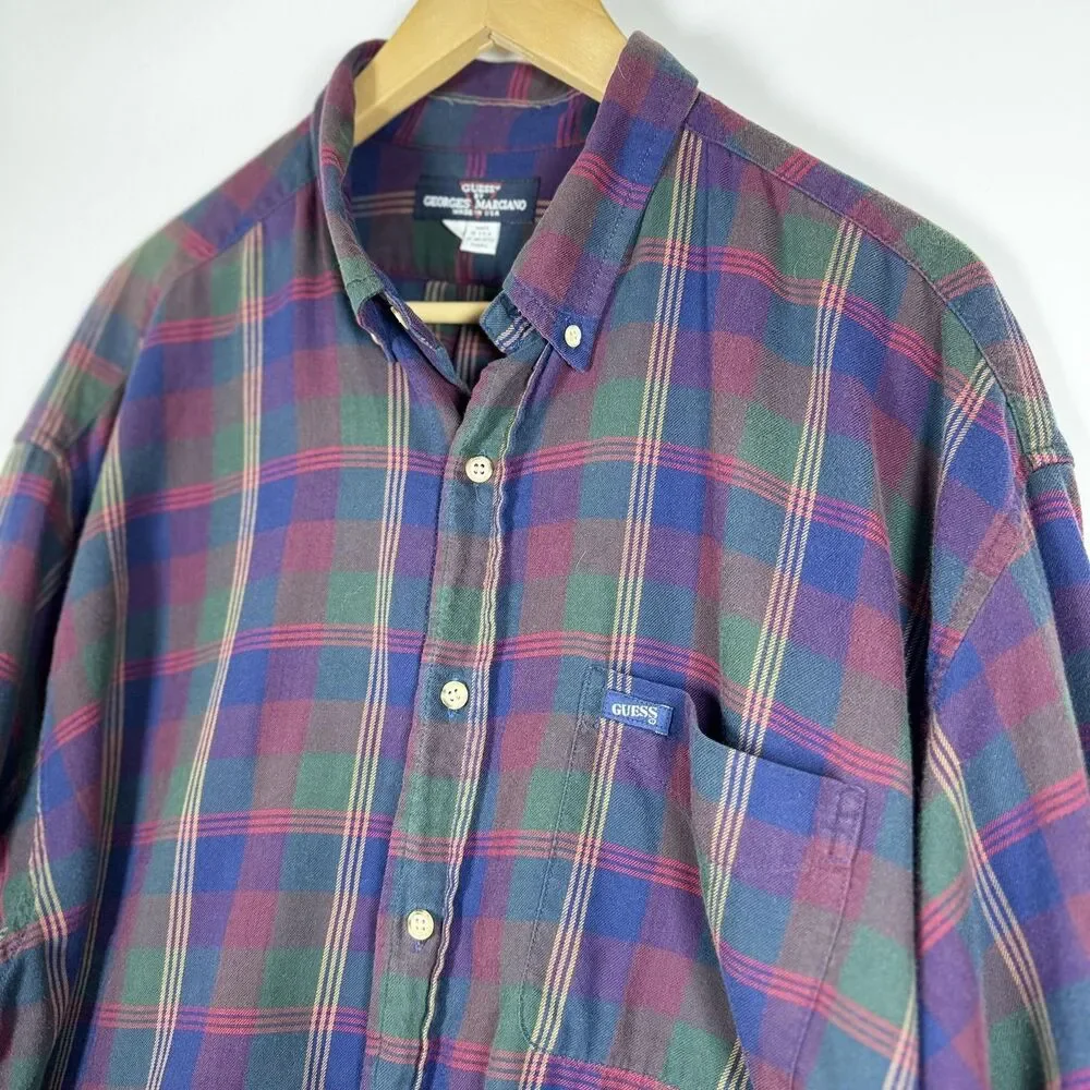 Vintage Guess Georges Marciano Shirt Mens XL Blue Green Plaid Button Up USA 90s‎